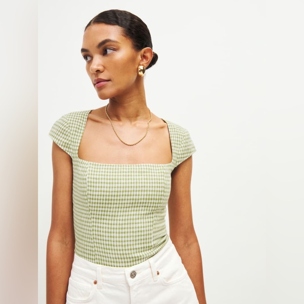 Reformation Cora Linen Top in Avocado Check